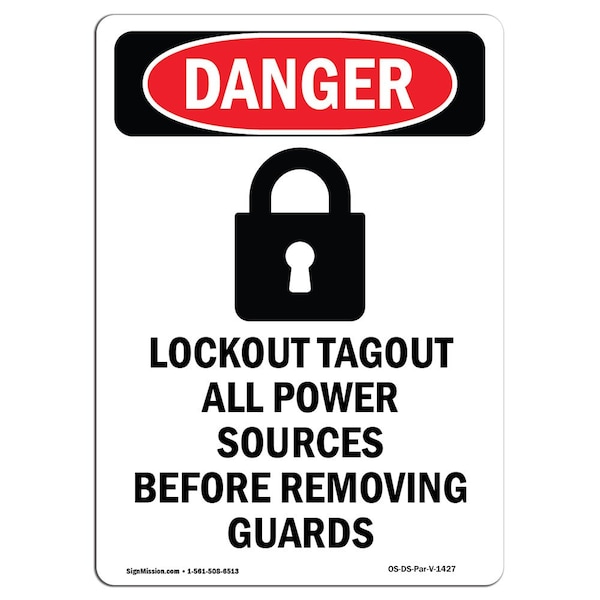 Safety Sign, OSHA Danger, 24" Height, Lockout Tagout All, Portrait